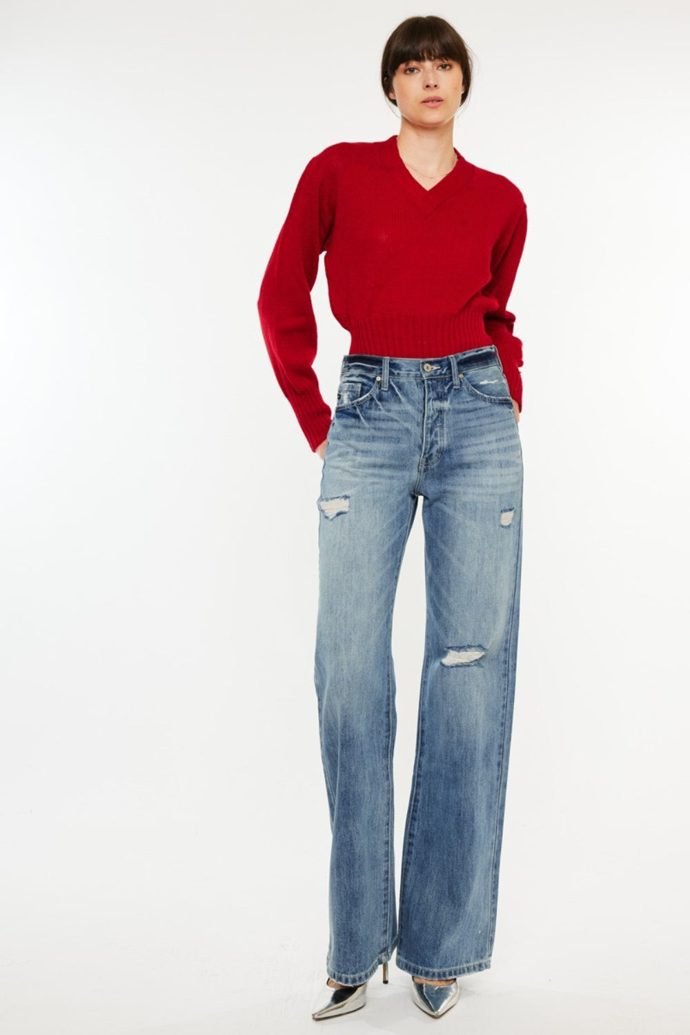Kancan Distressed High Waist Bootcut Jeans - The Ruffled Bull Boutique