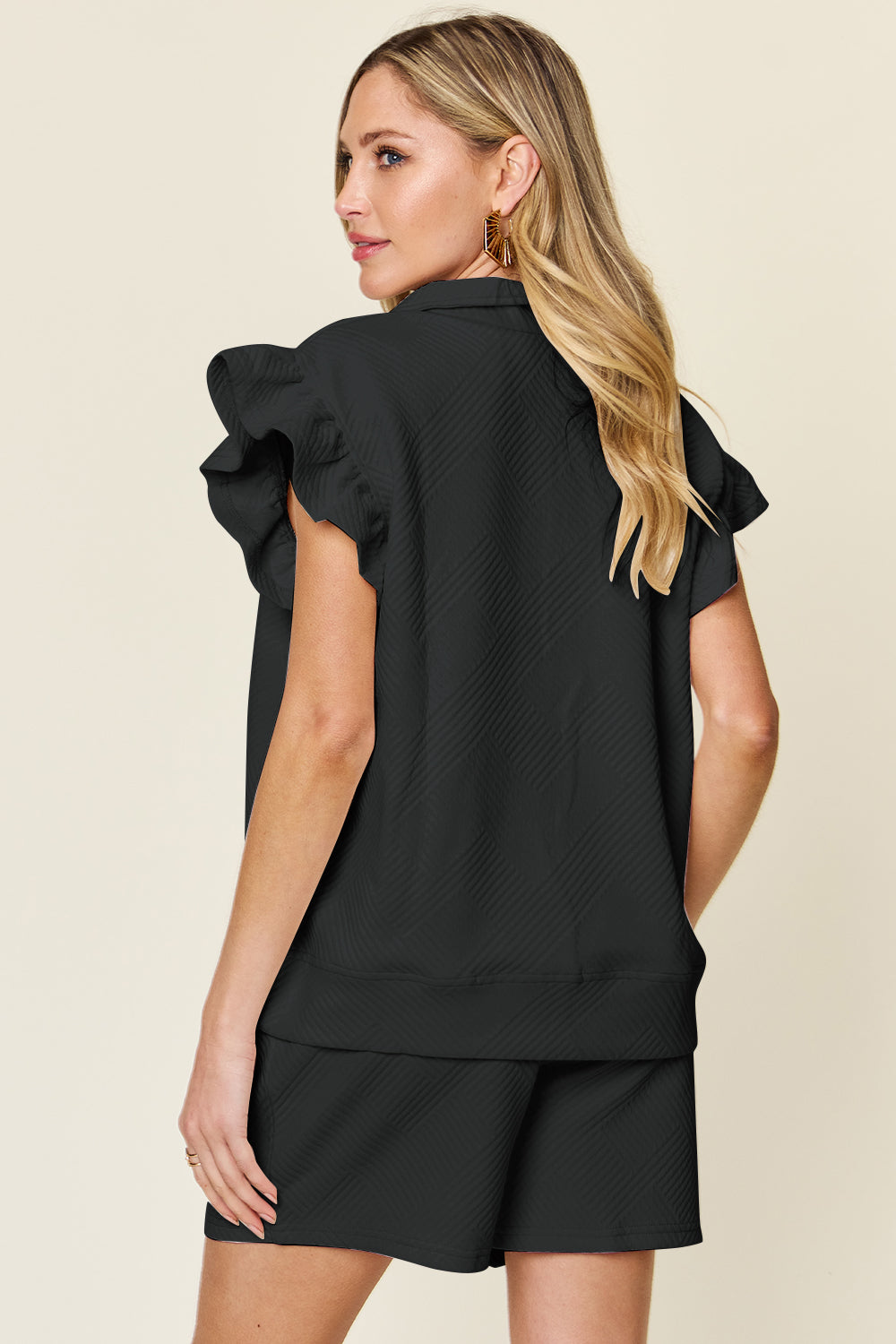 Double Take Full Size Texture Flounce Sleeve Top and Drawstring Shorts Set - The Ruffled Bull Boutique