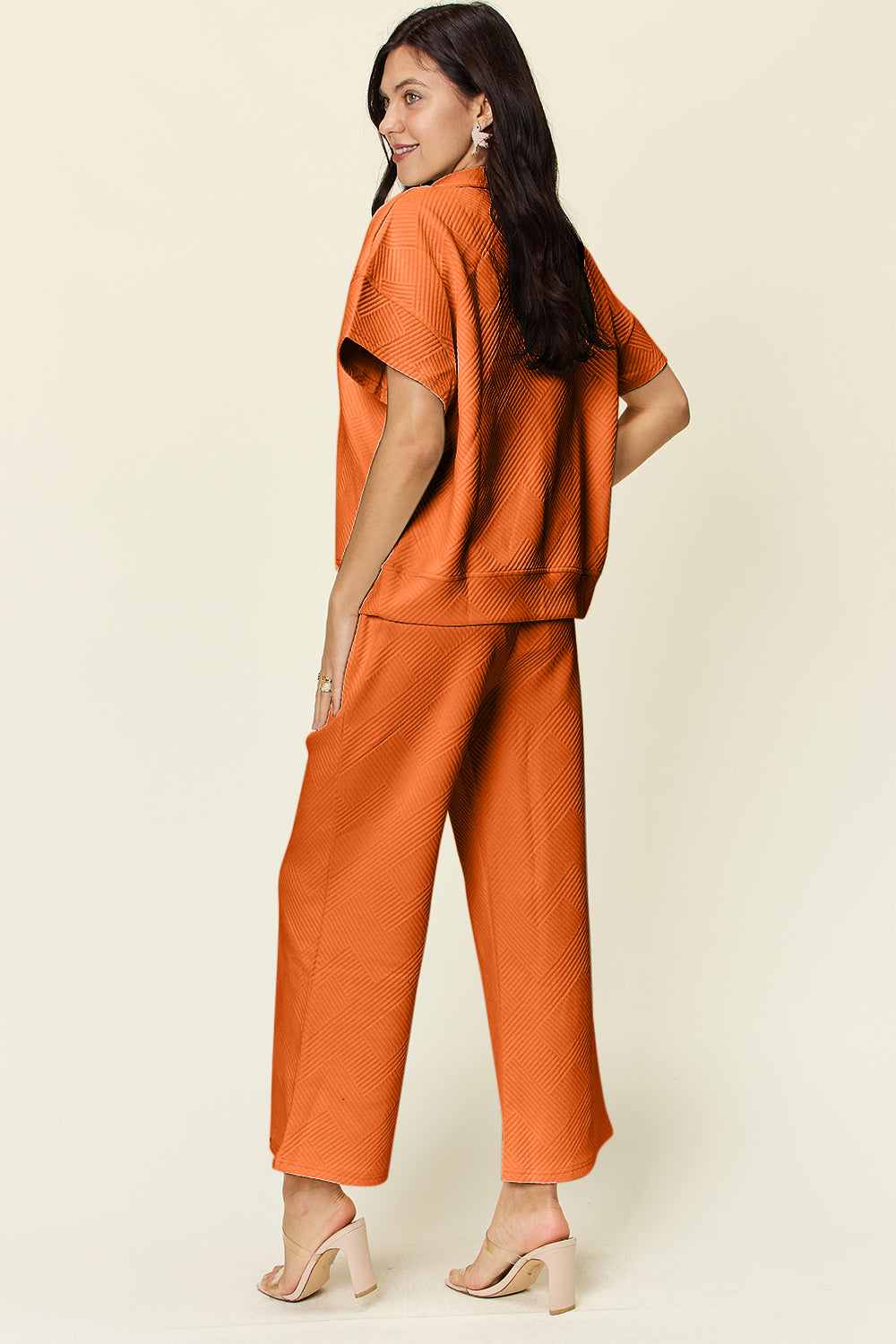 Double Take Full Size Texture Half Zip Short Sleeve Top and Pants Set - The Ruffled Bull Boutique