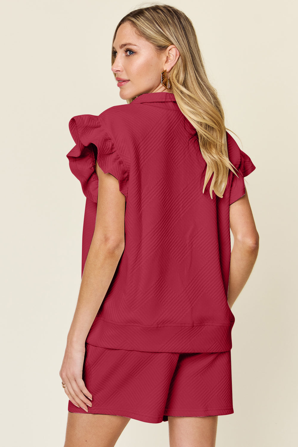 Double Take Full Size Texture Flounce Sleeve Top and Drawstring Shorts Set - The Ruffled Bull Boutique