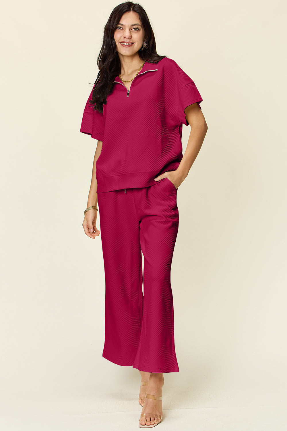 Double Take Full Size Texture Half Zip Short Sleeve Top and Pants Set - The Ruffled Bull Boutique