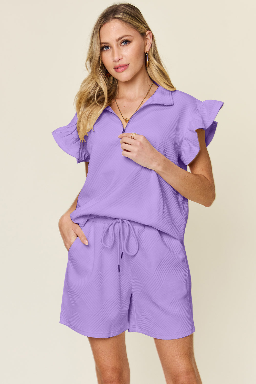Double Take Full Size Texture Flounce Sleeve Top and Drawstring Shorts Set - The Ruffled Bull Boutique