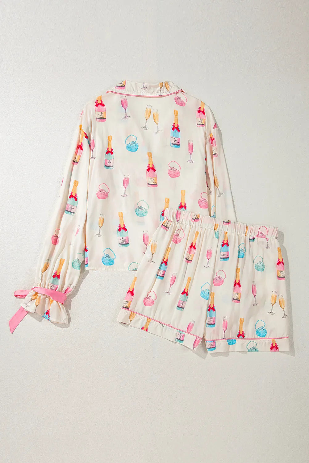 Bow Printed Collared Neck Top and Drawstring Shorts Lounge Set - The Ruffled Bull Boutique