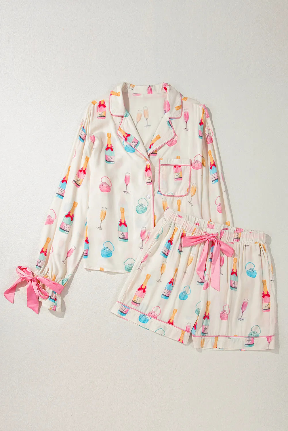 Bow Printed Collared Neck Top and Drawstring Shorts Lounge Set - The Ruffled Bull Boutique