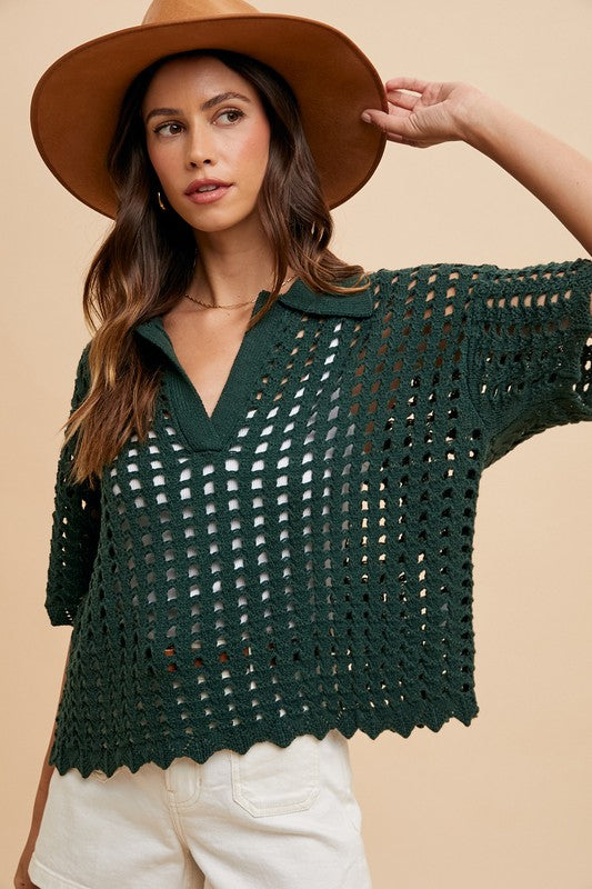 Annie Wear Openwork Johnny Collar Knit Cover Up - The Ruffled Bull Boutique