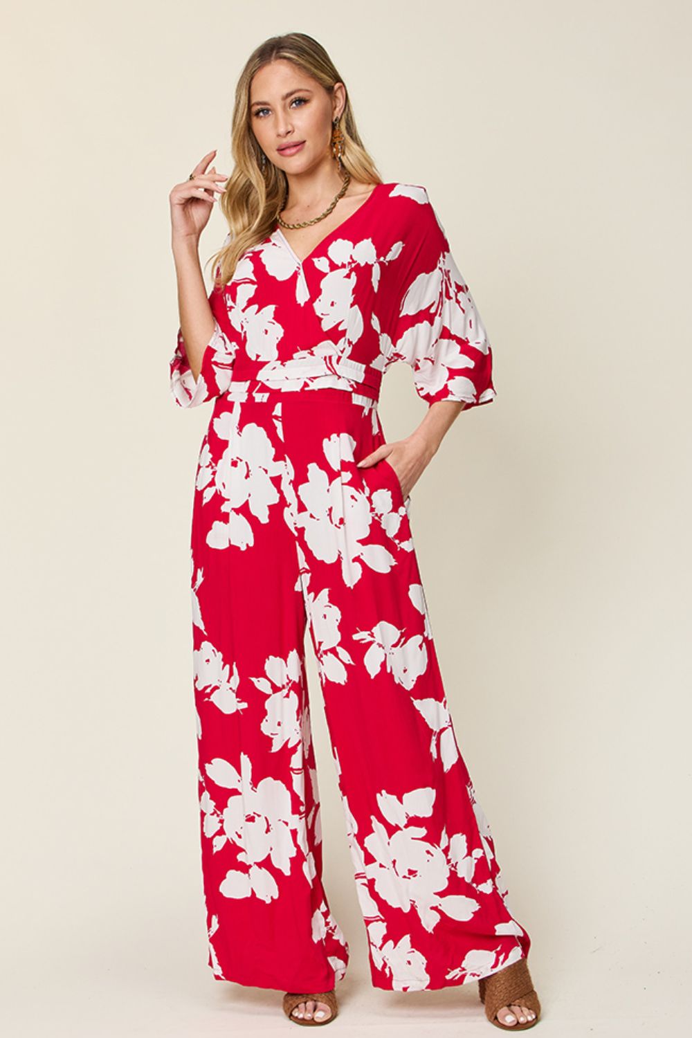 Double Take Full Size Printed Tie Back Wide Leg Jumpsuit - The Ruffled Bull Boutique