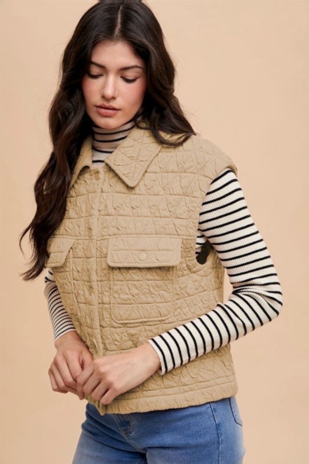 Annie Wear Texture Quilted Snap Down Vest Coat - The Ruffled Bull Boutique