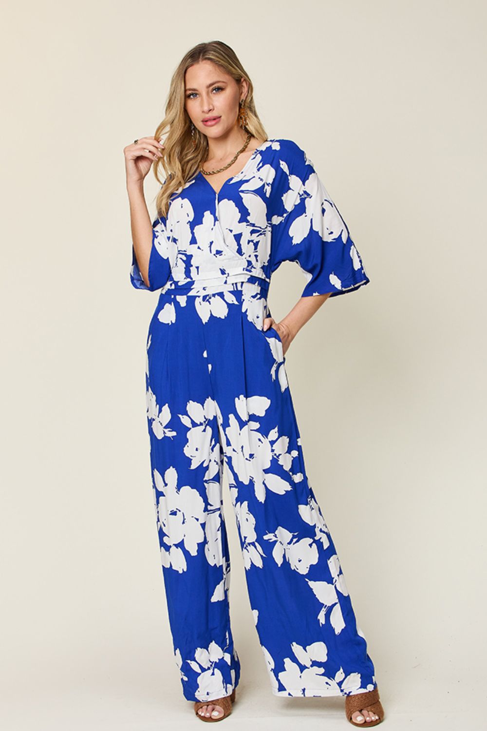Double Take Full Size Printed Tie Back Wide Leg Jumpsuit - The Ruffled Bull Boutique