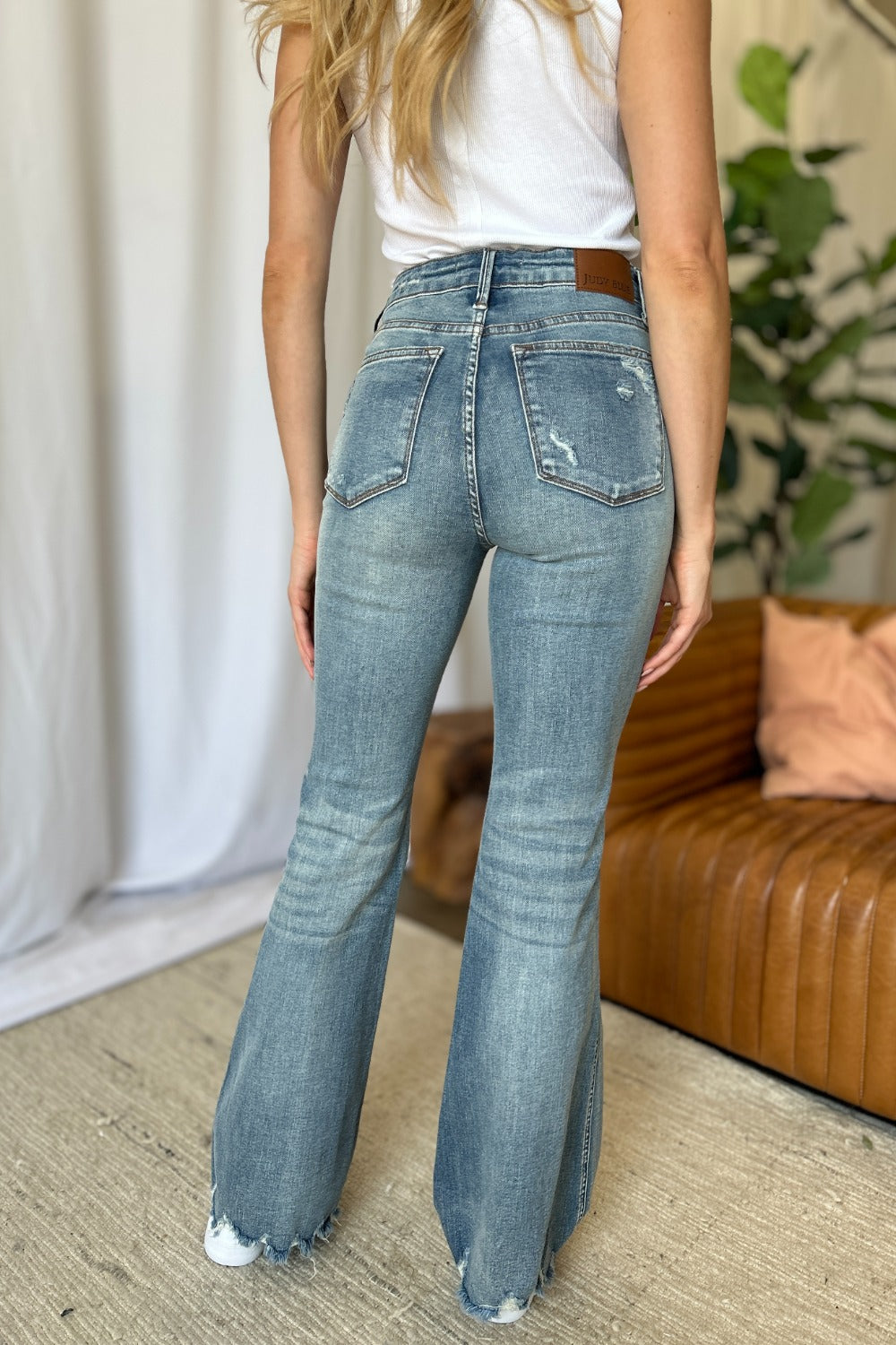 Judy Blue Full Size Medium Rise Tummy Control Destroy Flare - The Ruffled Bull Boutique