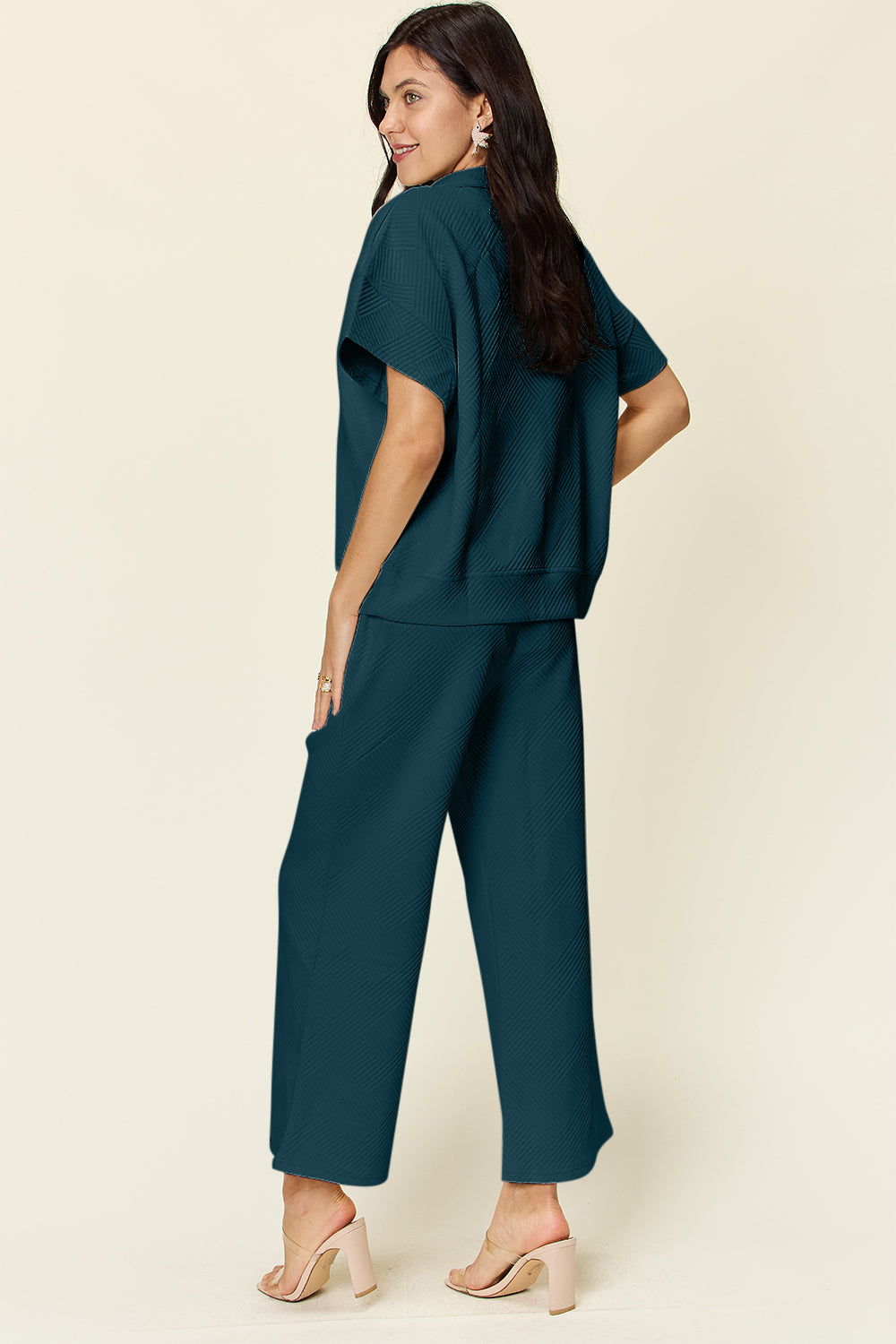 Double Take Full Size Texture Half Zip Short Sleeve Top and Pants Set - The Ruffled Bull Boutique