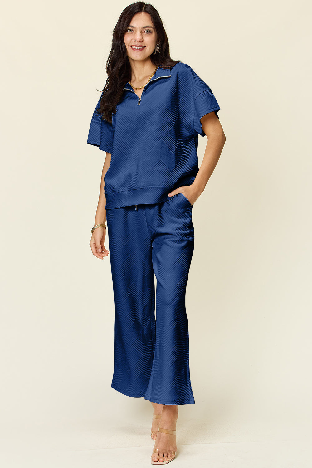 Double Take Full Size Texture Half Zip Short Sleeve Top and Pants Set - The Ruffled Bull Boutique