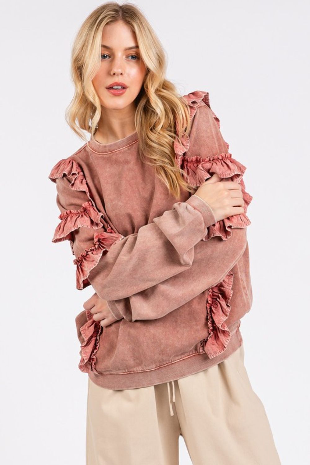 Mittoshop Ruffled Mineral Washed Round Neck Long Sleeve Sweatshirt - The Ruffled Bull Boutique