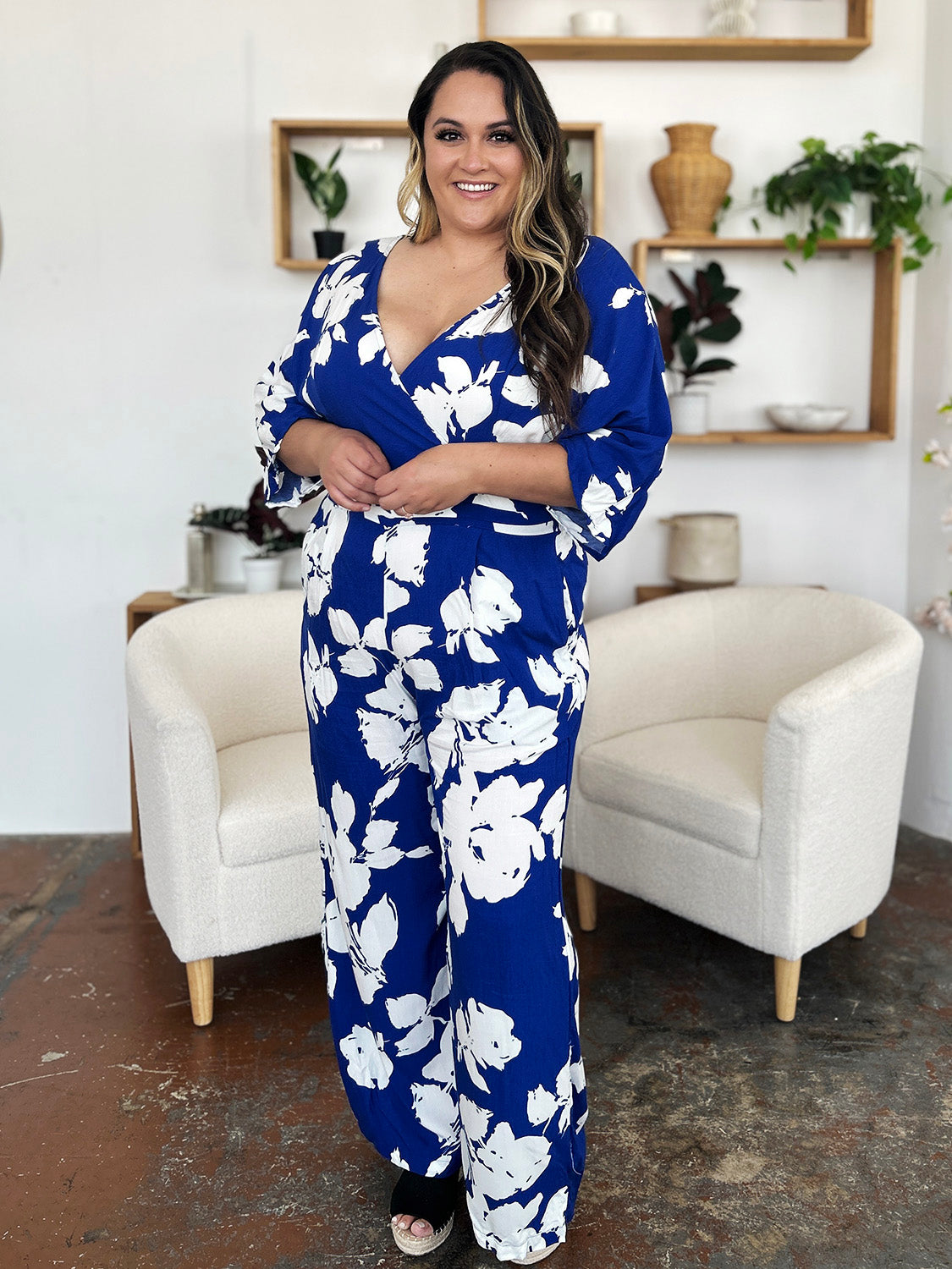 Double Take Full Size Printed Tie Back Wide Leg Jumpsuit - The Ruffled Bull Boutique