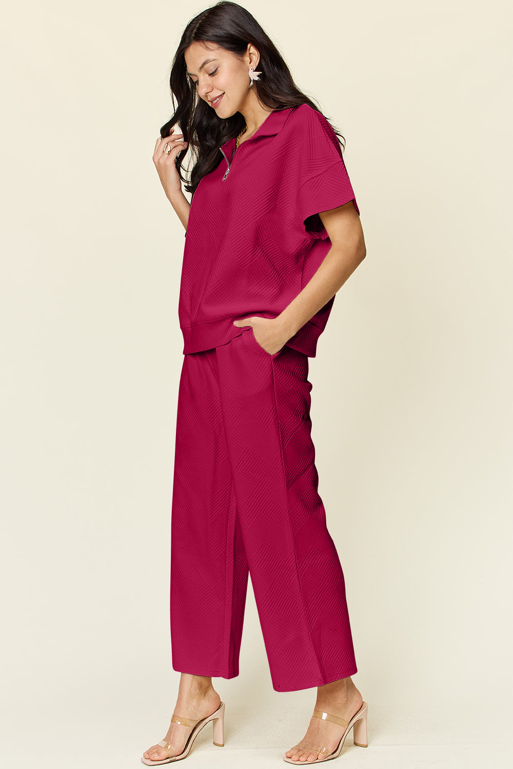 Double Take Full Size Texture Half Zip Short Sleeve Top and Pants Set - The Ruffled Bull Boutique
