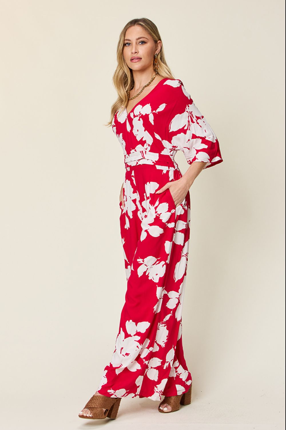 Double Take Full Size Printed Tie Back Wide Leg Jumpsuit - The Ruffled Bull Boutique