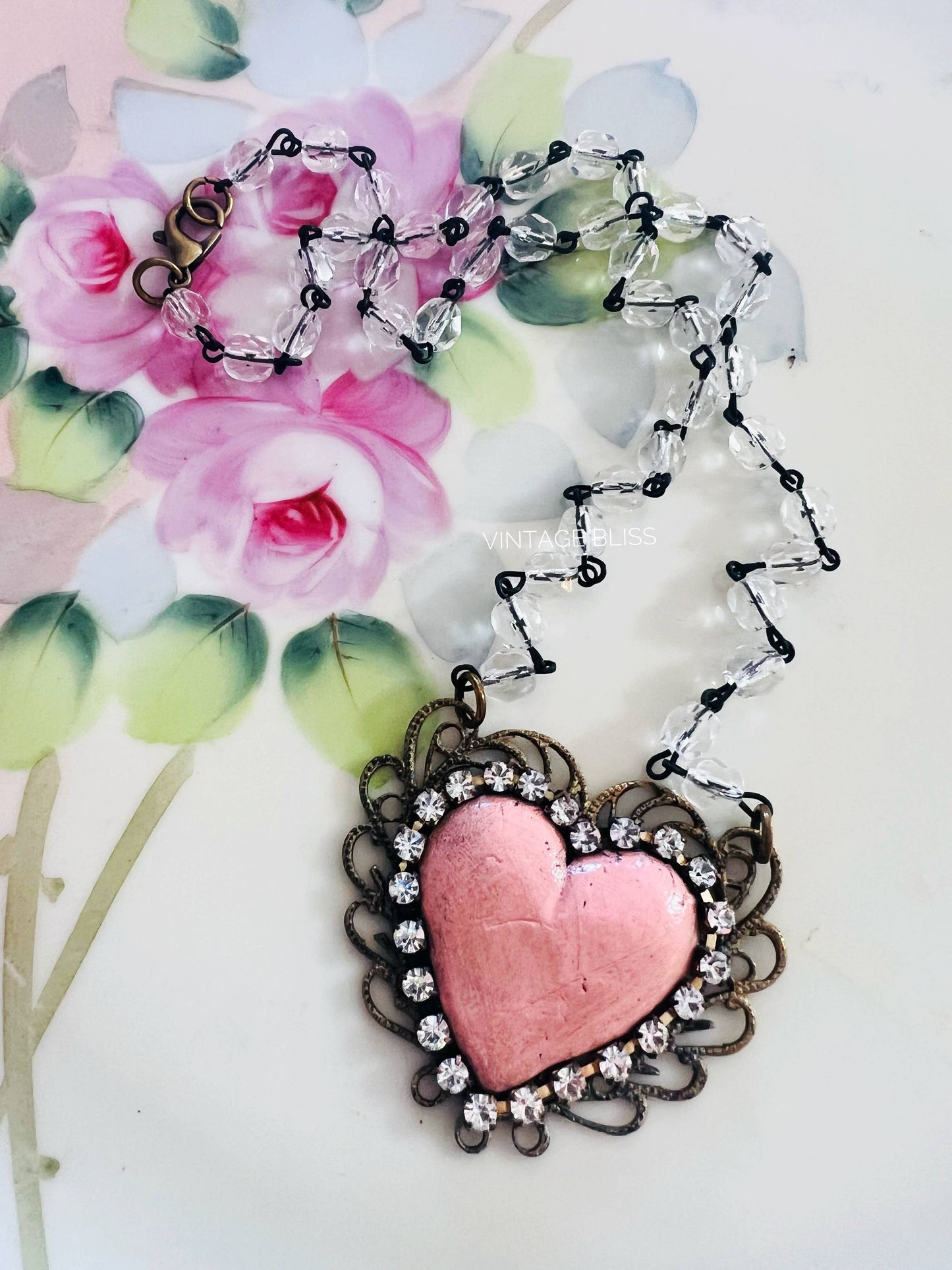 Pink Distressed Clay Heart Filigree Necklace - The Ruffled Bull Boutique