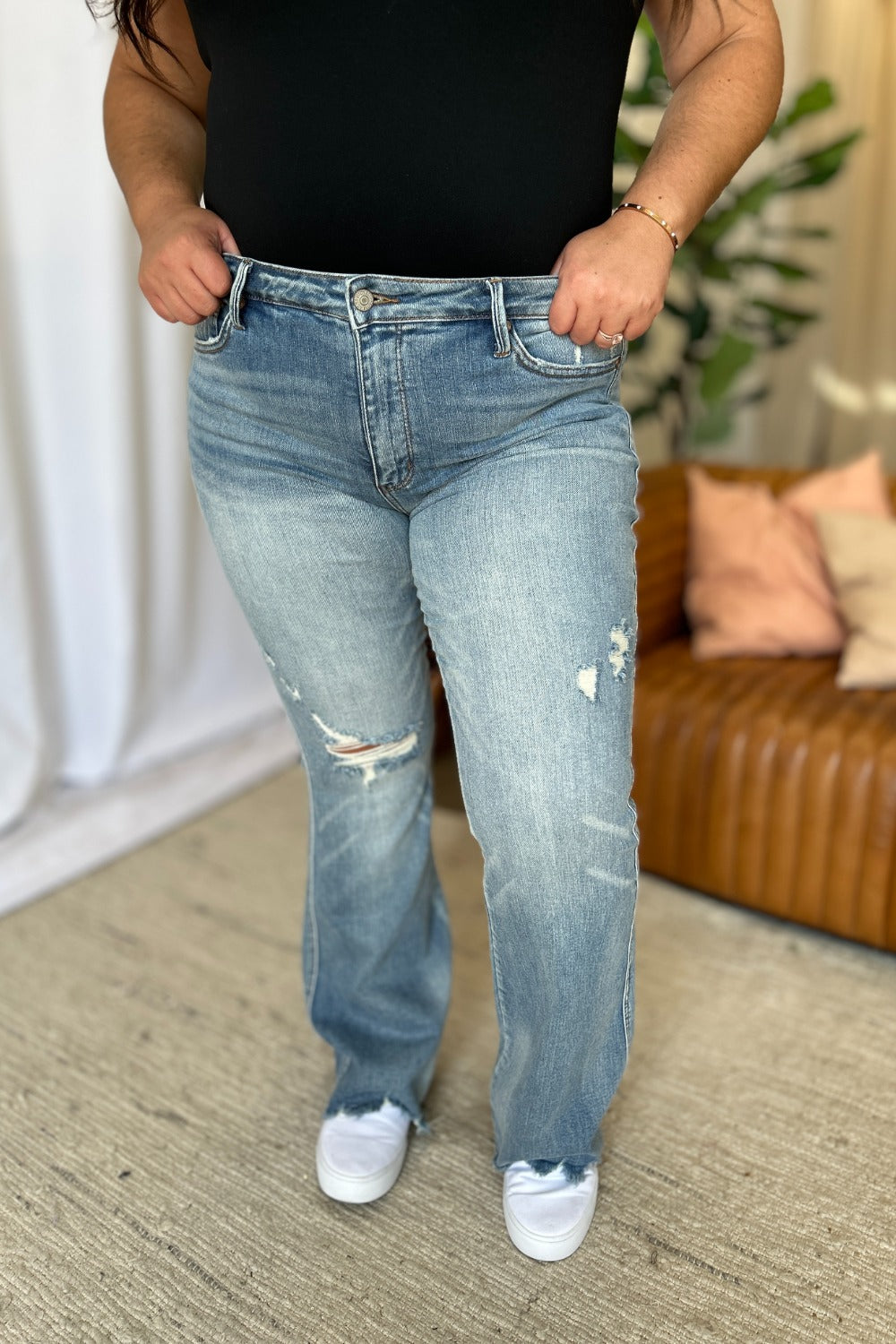 Judy Blue Full Size Medium Rise Tummy Control Destroy Flare - The Ruffled Bull Boutique