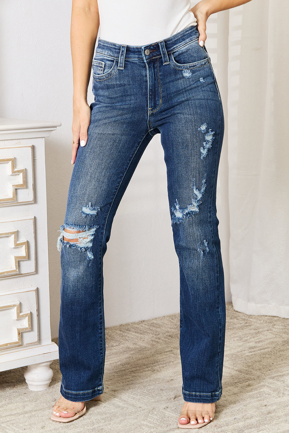 Judy Blue Full Size Mid Rise Hand Sand & Destroy Bootcut Jeans - The Ruffled Bull Boutique
