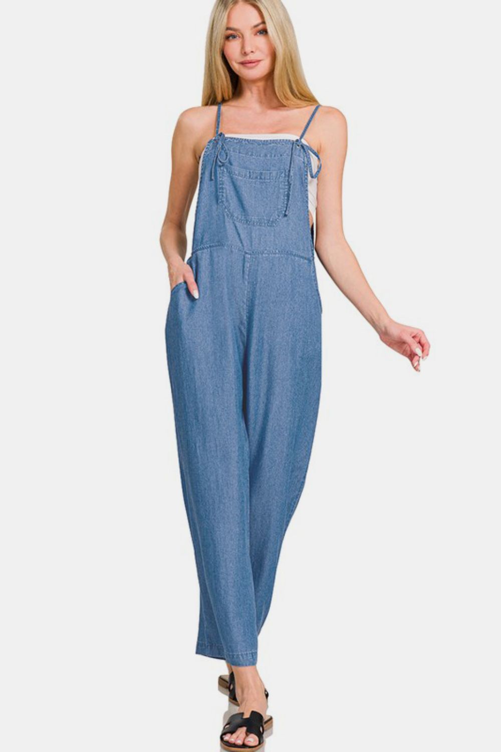 Zenana Washed Adjustable Strap Wide Leg Denim Overalls - The Ruffled Bull Boutique