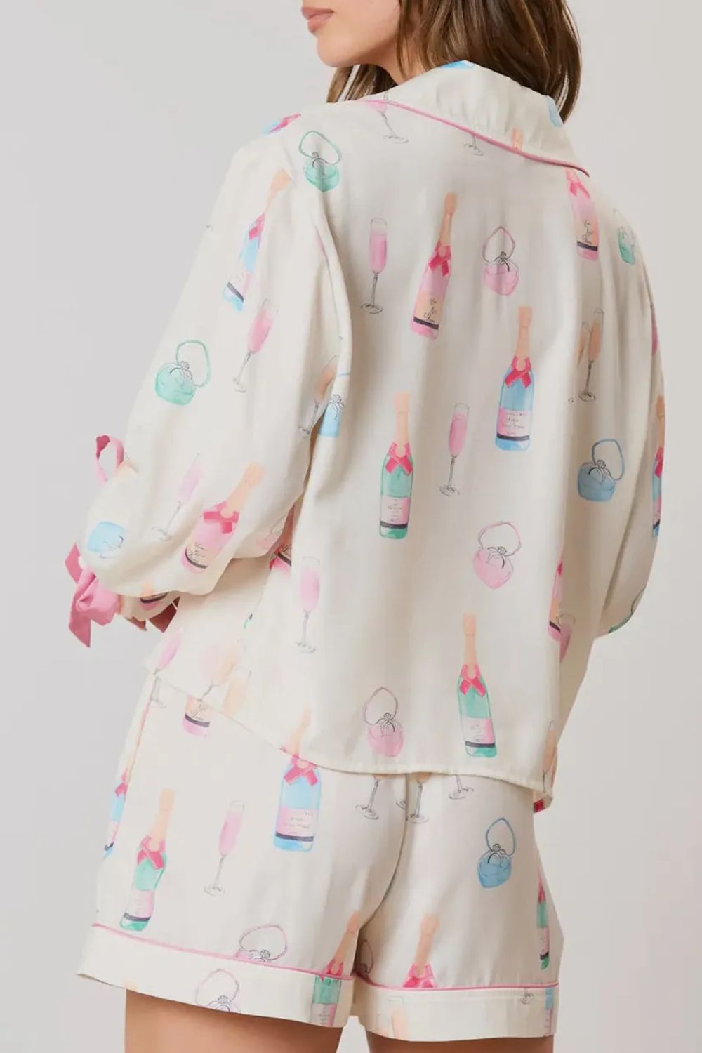 Bow Printed Collared Neck Top and Drawstring Shorts Lounge Set - The Ruffled Bull Boutique
