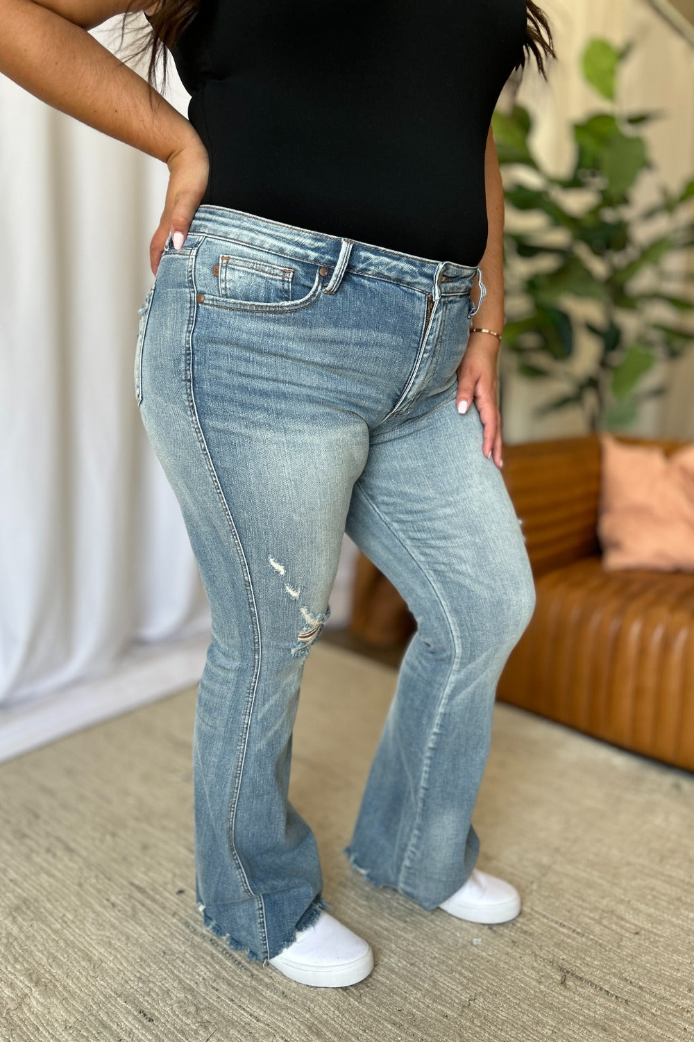 Judy Blue Full Size Medium Rise Tummy Control Destroy Flare - The Ruffled Bull Boutique