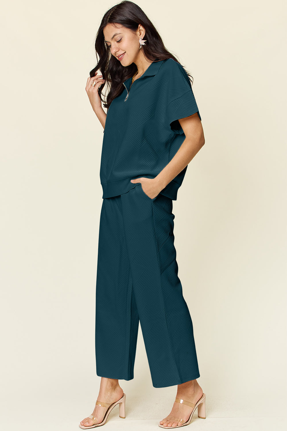 Double Take Full Size Texture Half Zip Short Sleeve Top and Pants Set - The Ruffled Bull Boutique