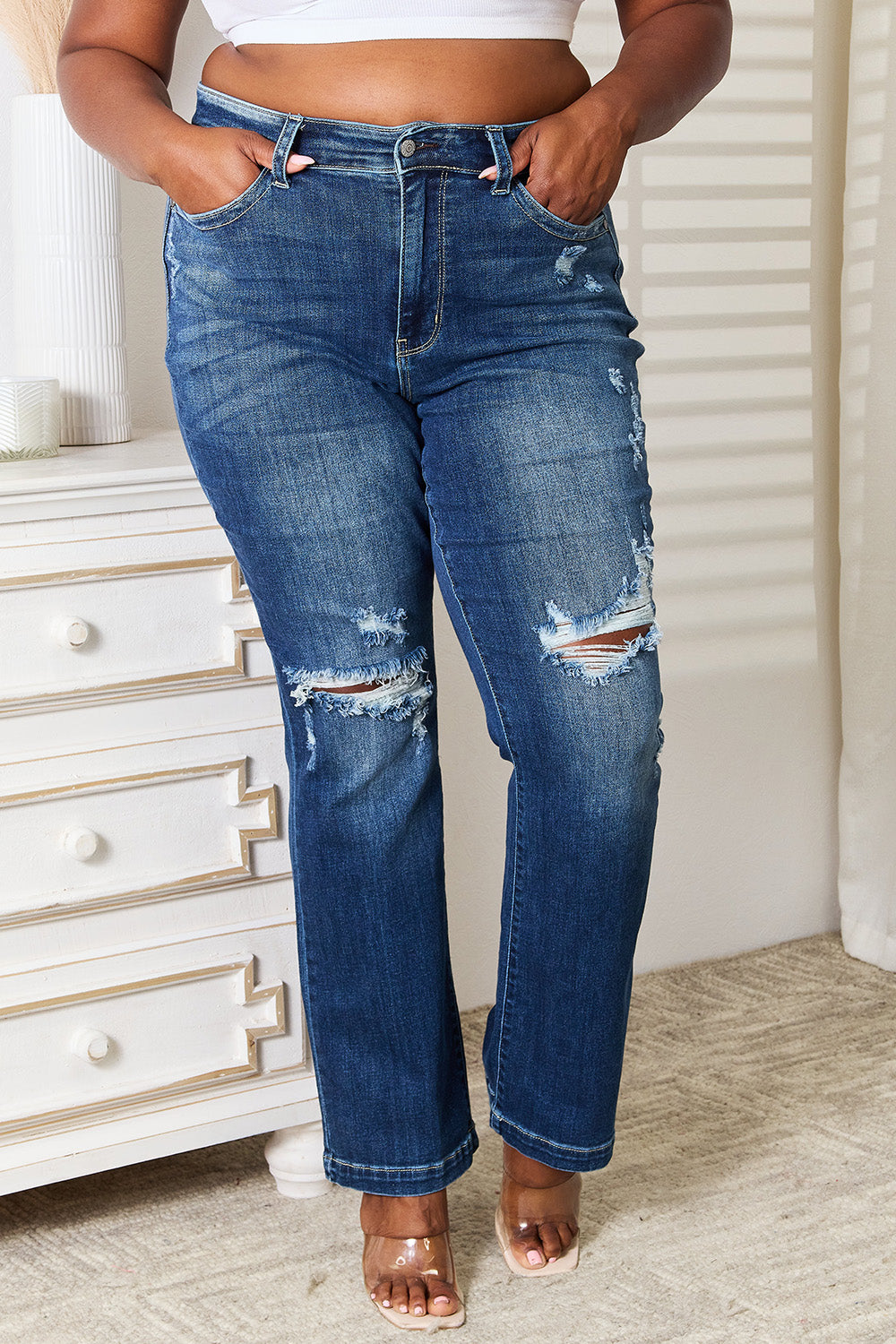 Judy Blue Full Size Mid Rise Hand Sand & Destroy Bootcut Jeans - The Ruffled Bull Boutique