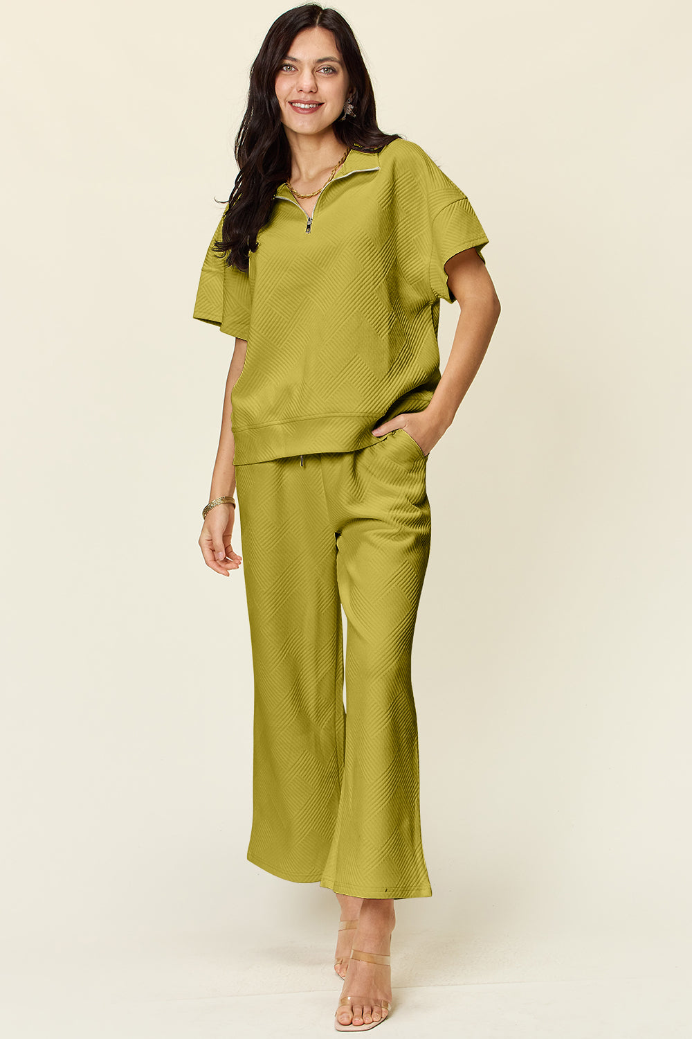 Double Take Full Size Texture Half Zip Short Sleeve Top and Pants Set - The Ruffled Bull Boutique