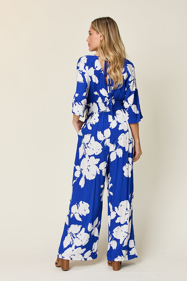 Double Take Full Size Printed Tie Back Wide Leg Jumpsuit - The Ruffled Bull Boutique