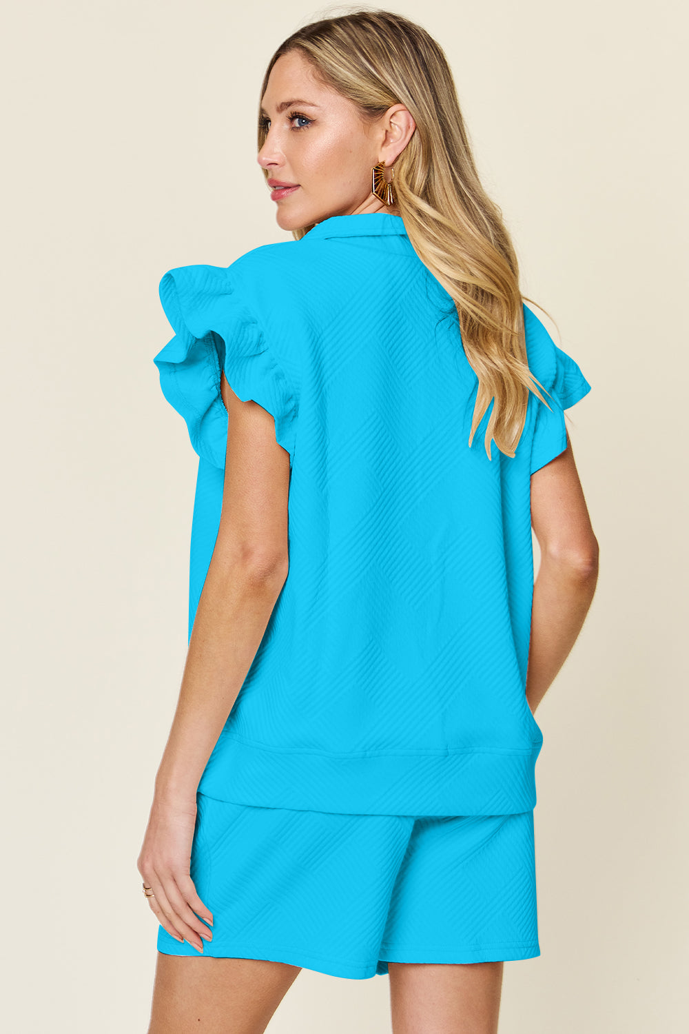 Double Take Full Size Texture Flounce Sleeve Top and Drawstring Shorts Set - The Ruffled Bull Boutique
