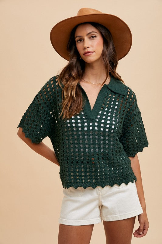 Annie Wear Openwork Johnny Collar Knit Cover Up - The Ruffled Bull Boutique