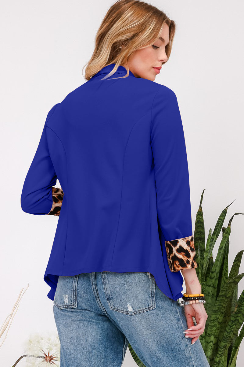 Celeste Full Size Rolled Leopard Cuff Open Front Blazer - The Ruffled Bull Boutique