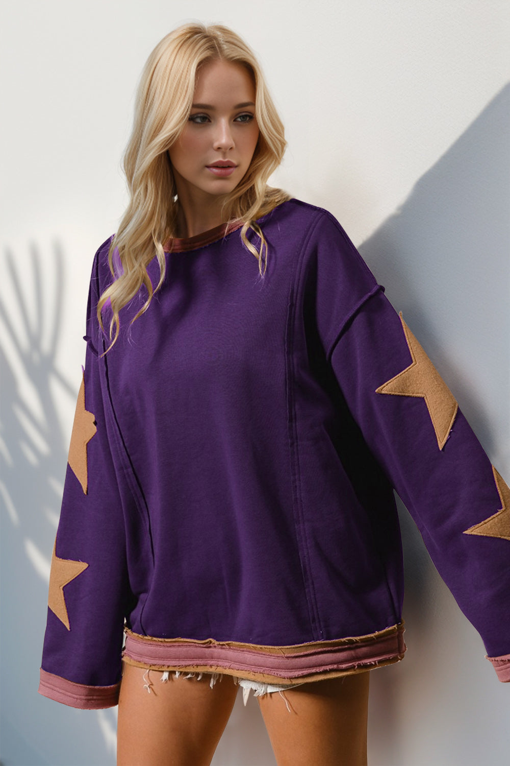 Double Take Star Patched Long Sleeve Sweatshirt - The Ruffled Bull Boutique