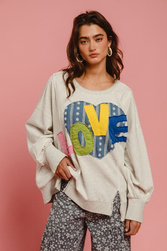 BiBi LOVE Heart Patch Slit French Terry Sweatshirt - The Ruffled Bull Boutique