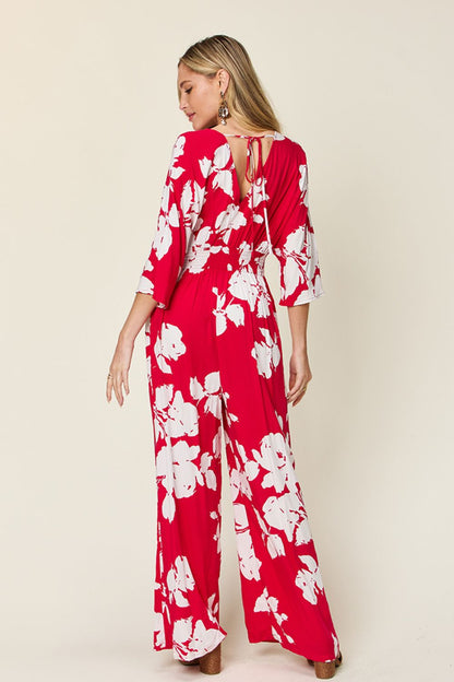 Double Take Full Size Printed Tie Back Wide Leg Jumpsuit - The Ruffled Bull Boutique