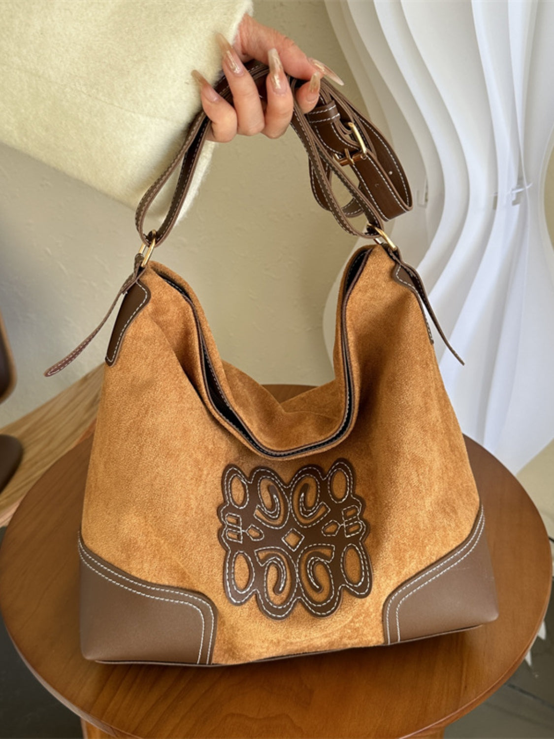 Suede Patch Adjustable Strap Tote Bag - The Ruffled Bull Boutique