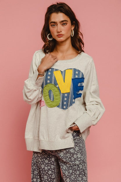 BiBi LOVE Heart Patch Slit French Terry Sweatshirt - The Ruffled Bull Boutique