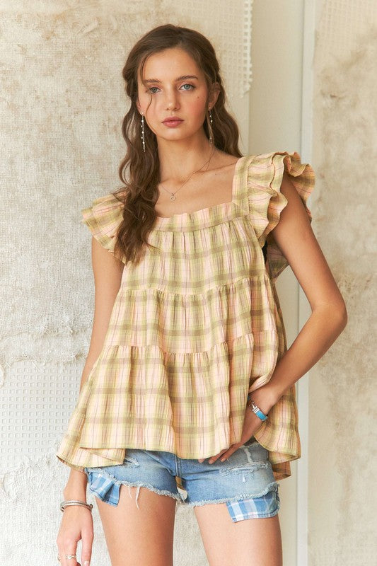 ADORA Ruffled Square Neck Cap Sleeve Babydoll Blouse - The Ruffled Bull Boutique