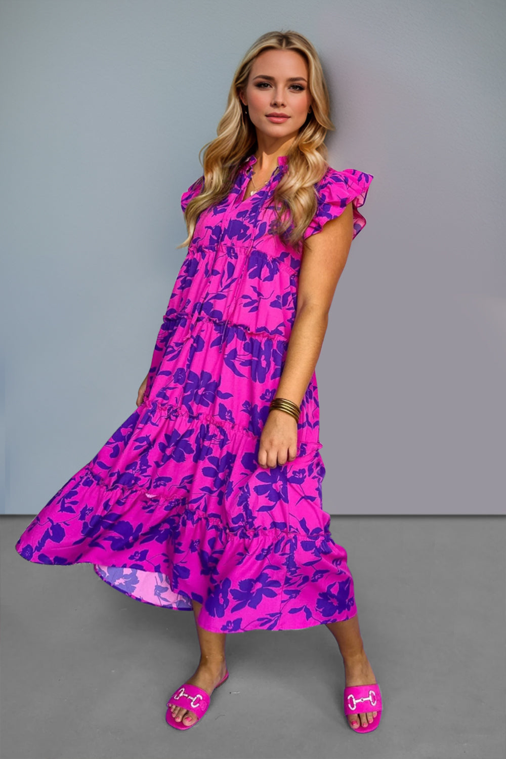 Oh Full Size Ruffled Printed Notched Cap Sleeve Midi Dress - The Ruffled Bull Boutique