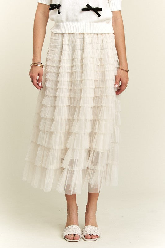 ADORA Elastic Waist Layered Mesh Midi Skirt - The Ruffled Bull Boutique