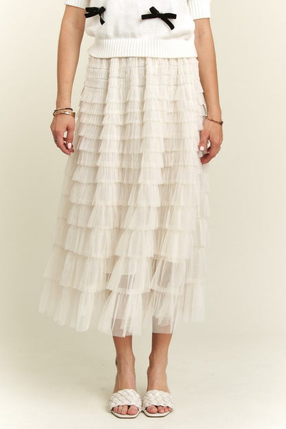 ADORA Elastic Waist Layered Mesh Midi Skirt - The Ruffled Bull Boutique