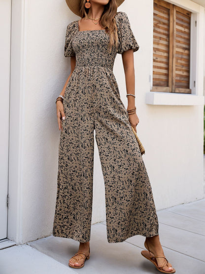 Perfee Smocked Printed Square Neck Puff Sleeve Jumpsuit - The Ruffled Bull Boutique