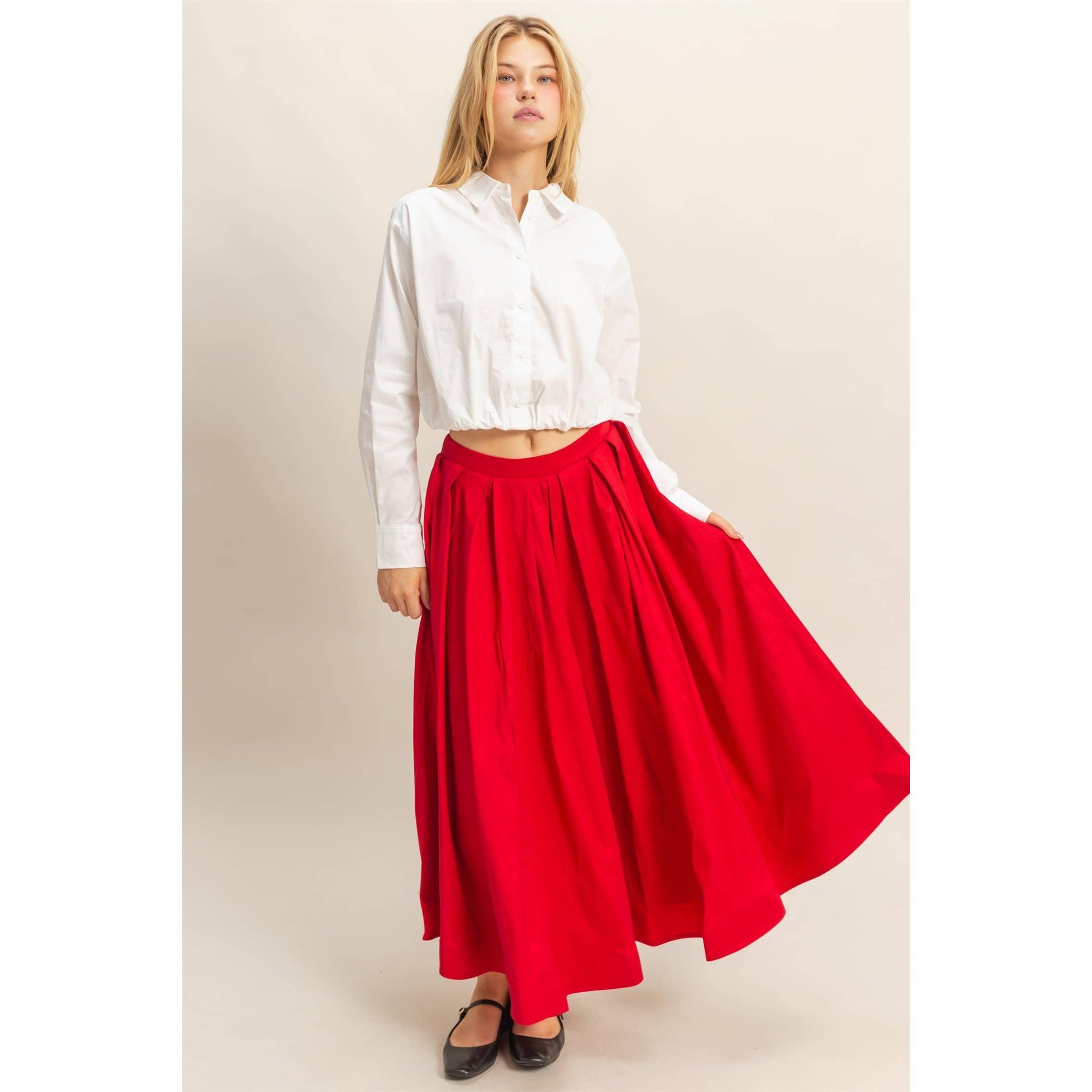 Classic Pleated A-Line Midi Full Skirt - The Ruffled Bull Boutique