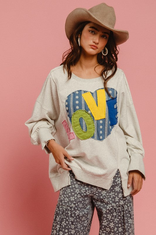 BiBi LOVE Heart Patch Slit French Terry Sweatshirt - The Ruffled Bull Boutique