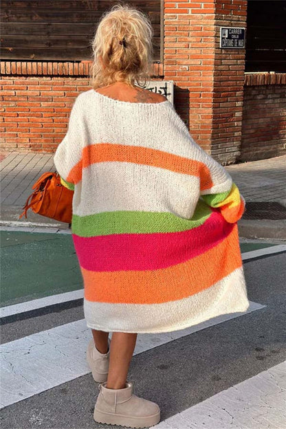 Color Block V-Neck Long Sleeve Sweater Dress