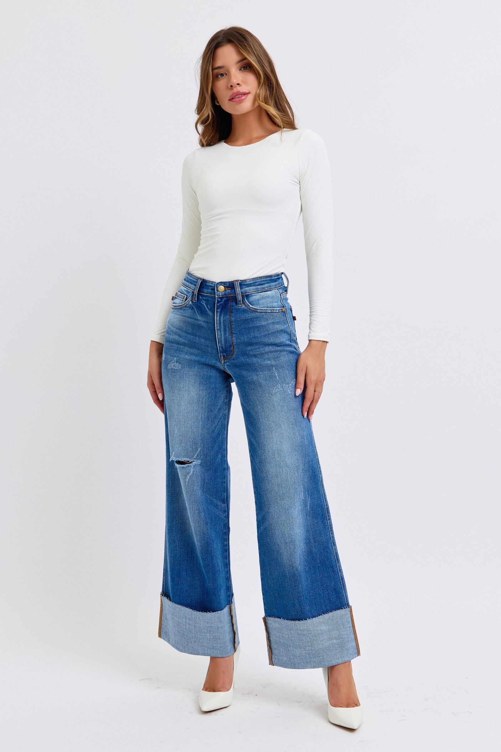 Judy Blue Full Size Distressed High Waist Wide Leg Jeans - The Ruffled Bull Boutique