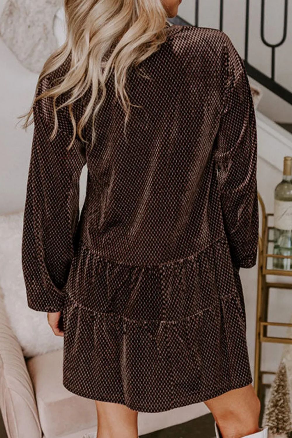 Textured V-Neck Long Sleeve Mini Dress