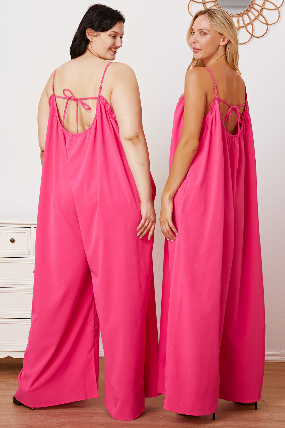 Double Take Full Size Ruffle Trim Tie Back Cami Jumpsuit with Pockets - The Ruffled Bull Boutique