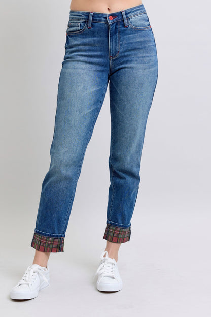 Judy Blue Full Size Plaid Print Cuff Straight Leg Jeans with Pockets - The Ruffled Bull Boutique