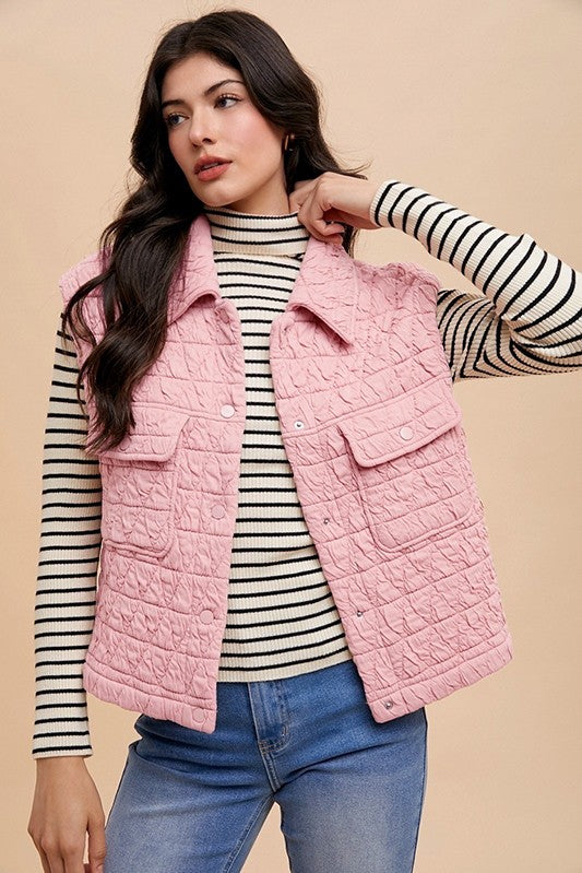 Annie Wear Texture Quilted Snap Down Vest Coat - The Ruffled Bull Boutique